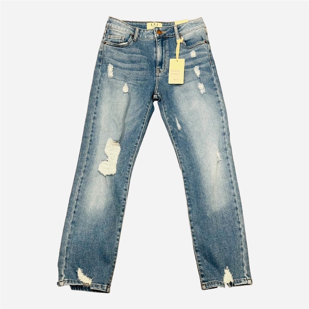 L.T.J Size 27 Distressed Straight Leg Crop/Ankle Jeans Medium Wash Color